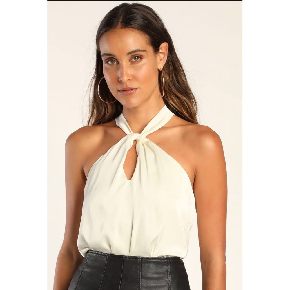 Lulus Chic Confidence Cream Satin Halter Bodysuit XL Sleeveless Twisted Keyhole